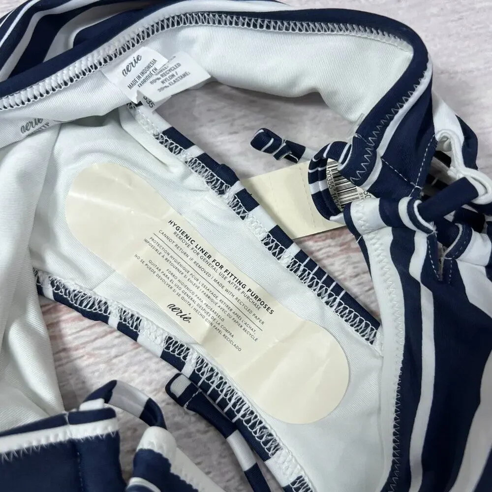 Aerie Side Tie Bikini Bottom Navy White Stripe Size XXS NWT